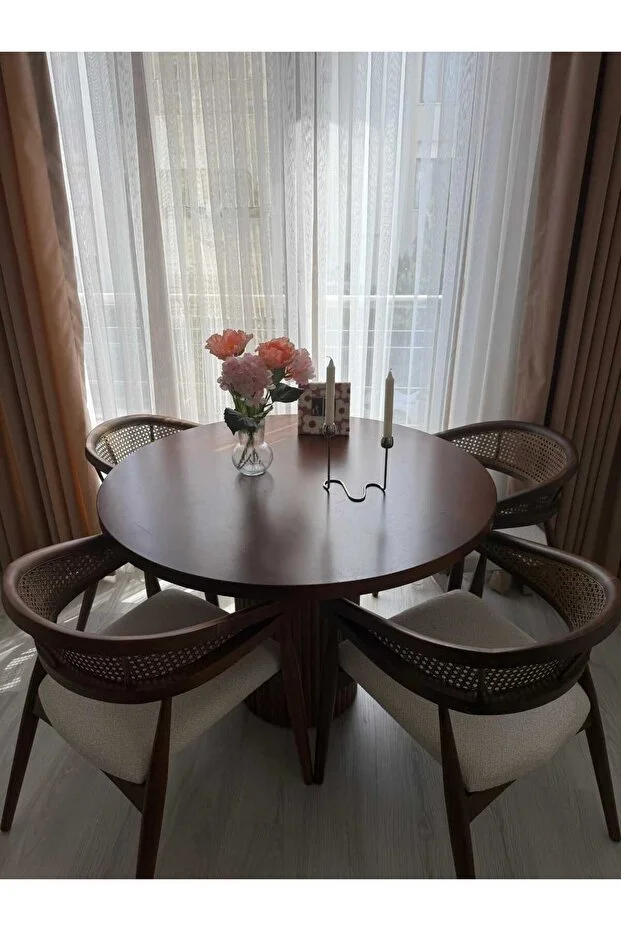 Yuvarlak Ahşap Gazel Masa Takımı Bohem 4 Kişilik Mutfak Masa Sandalye Takımı İskandinav